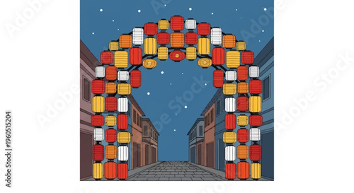 Traditional Asian Lantern Archway Street Scene Illustration