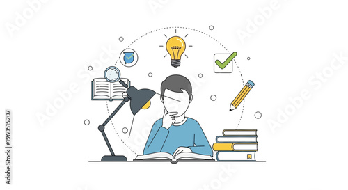 Student Studying With Books and Lightbulb Idea Symbol