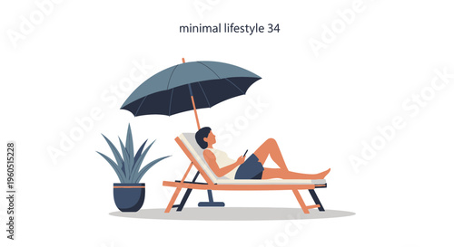 Woman relaxing on a sun lounger under an umbrella, using a smartphone.