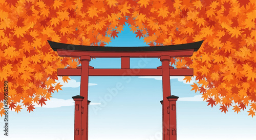 Traditional Japanese Torii Gate Surrounded by Vibrant Autumn Maple Leaves
