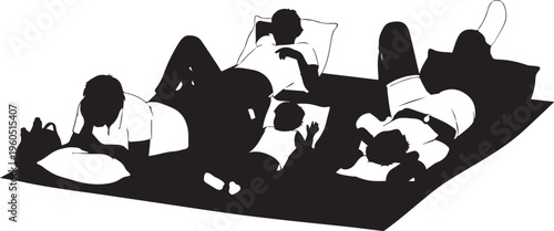 People family relaxing at home silhouette vector illustration line art comfortable