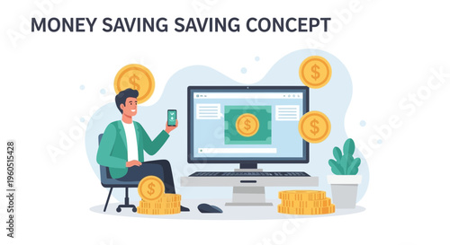 Man Saving Money Online Concept, Digital Finance, Coins and Computer Illustration