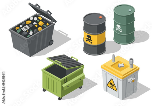 Set of hazardous waste containers and industrial barrels with warning symbols