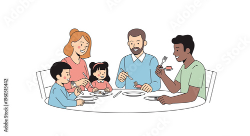 Diverse family enjoys meal together at dining table, illustration