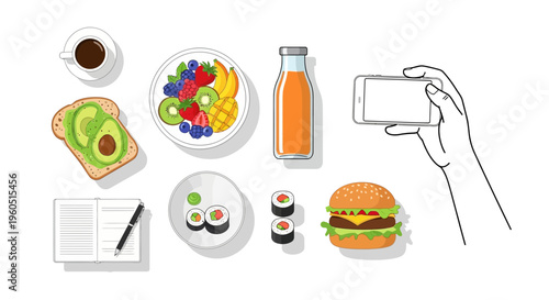 Overhead view of healthy breakfast with avocado toast, fruit salad, sushi, burger, coffee, and juice.