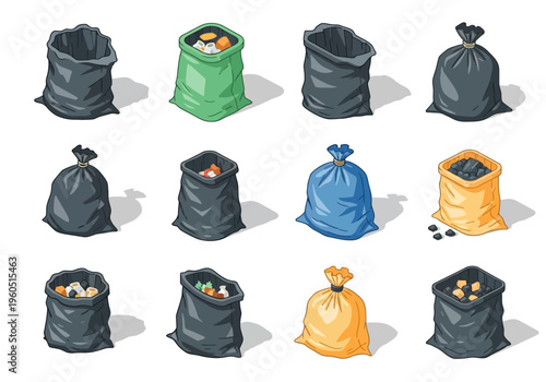 Collection of different garbage bags filled with various waste materials, isolated on white background