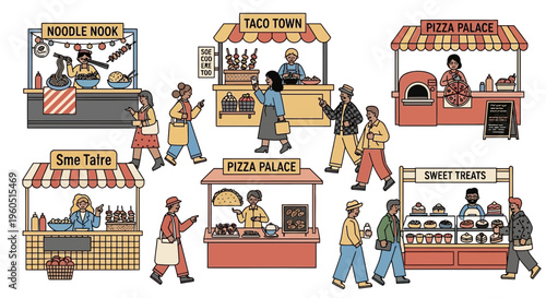 Diverse Food Stalls at a Lively Outdoor Market with People