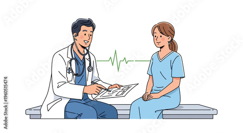 Doctor Consulting Patient with Heartbeat Line - Medical Checkup Illustration