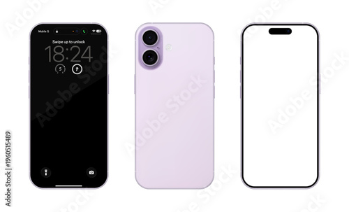 Detailed pink mobile phone mockup. Front and rear view isolated on transparent background. Vector PNG