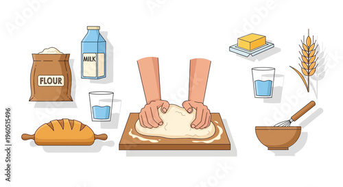 Hands Kneading Dough for Baking Bread with Flour, Milk, Butter, and Ingredients