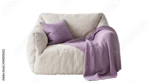 Obraz na płótnie Puffy beige fabric armchair with a lavender cushion and ribbed throw, isolated o
