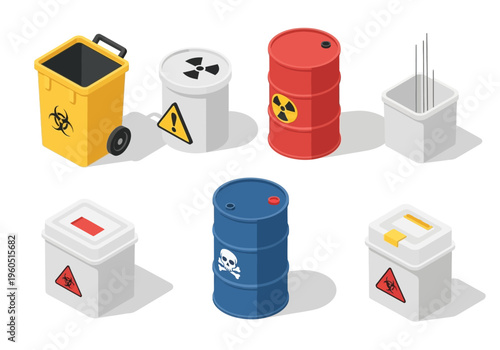 Collection of hazardous waste containers, including biohazard, radiation, and chemical symbols, depicted in a clean isometric illustration