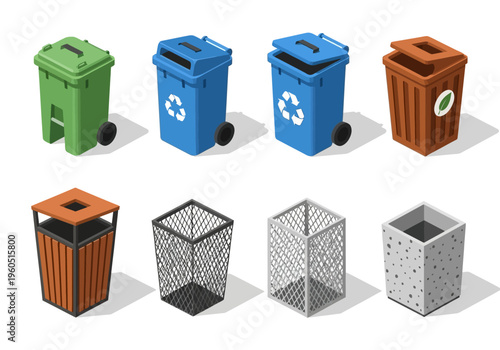 Collection of modern and traditional trash cans and recycling bins for waste management