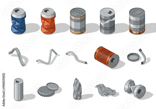 Collection of aluminum cans and bottle caps in various states of damage and recycling