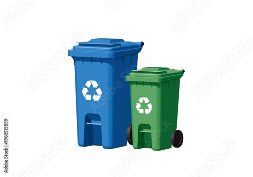 Blue and green recycling bins with universal recycling symbol for waste management and sustainability