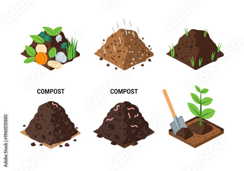 Illustration of compost stages from raw materials to mature soil and plant growth