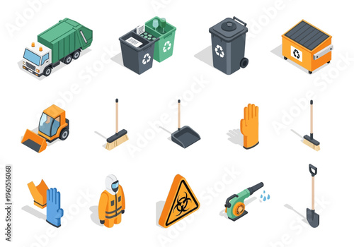 Isometric icons of garbage truck, recycling bins, cleaning tools, and protective gear for waste management and sanitation