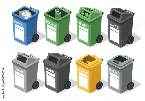 Set of colorful recycling bins for different types of waste paper, plastic, glass, general, and metal