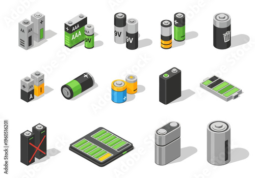 Collection of various types of batteries including AA, AAA, button cells, and rechargeable battery packs