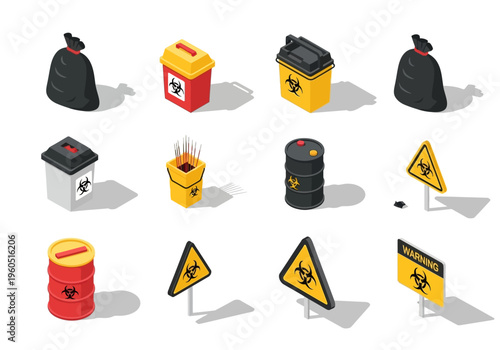 Collection of hazardous waste and biohazard symbols on a white background with isometric perspective