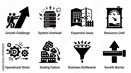 Business Challenges Vector Silhouette Icon Set Featuring Growth Chart, System Overload, Expansion Globe, Resource Limit, Operational Gears, Scaling Failure, Bottleneck, and Barrier for Strategy and De