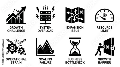 Business Challenges Vector Silhouette Icon Set Featuring Growth Chart, System Overload, Expansion Globe, Resource Limit, Operational Gears, Scaling Failure, Bottleneck, and Barrier for Strategy and De