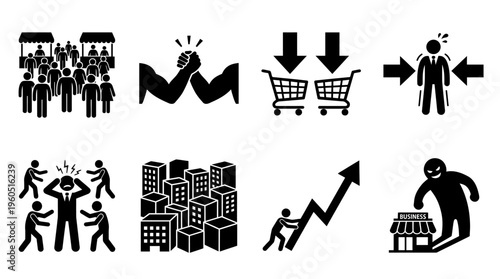 Societal Issues Vector Silhouette Icon Set Featuring Market Crowd, Distressed Person, Shopping Decline, Pressure Figure, Conflict Scene, Urban Buildings, Economic Growth, and Corporate Dominance for S