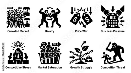 Societal Issues Vector Silhouette Icon Set Featuring Market Crowd, Distressed Person, Shopping Decline, Pressure Figure, Conflict Scene, Urban Buildings, Economic Growth, and Corporate Dominance for S