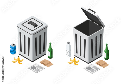 Recycling concept with closed and open bins filled with various waste items including plastic bottle and banana peel