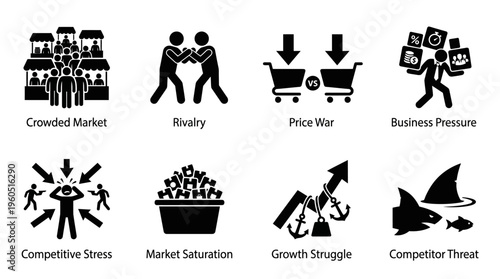 Societal Issues Vector Silhouette Icon Set Featuring Market Crowd, Distressed Person, Shopping Decline, Pressure Figure, Conflict Scene, Urban Buildings, Economic Growth, and Corporate Dominance for S