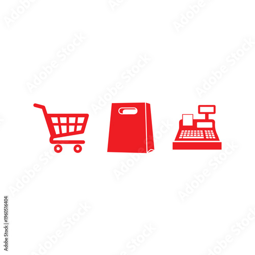 Red icons depicting shopping cart, retail bag, and cash register clearly signify commerce and purchasing elements.