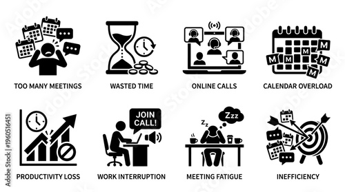 Meeting Challenges Vector Silhouette Icon Set Featuring Too Many Meetings, Wasted Time, Online Calls, Calendar Overload, Productivity Loss, Work Interruption, Meeting Fatigue, and Inefficiency for Wor
