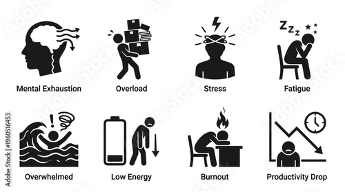 Burnout Vector Silhouette Icon Set Featuring Mental Exhaustion, Overload, Stress, Fatigue, Overwhelmed, Low Energy, Burnout Flame, and Productivity Drop for Workplace and Design Use