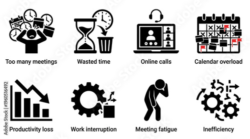 Meeting Challenges Vector Silhouette Icon Set Featuring Too Many Meetings, Wasted Time, Online Calls, Calendar Overload, Productivity Loss, Work Interruption, Meeting Fatigue, and Inefficiency for Wor