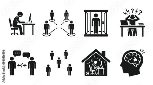 Remote Work Challenges Vector Silhouette Icon Set Featuring Lonely Worker, Lack of Interaction, Isolation, Remote Stress, Communication Gap, Disconnected Team, Work from Home Issue, and Mental Strain 