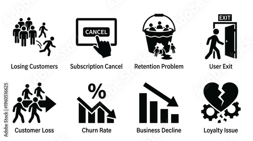 Customer Loyalty Vector Silhouette Icon Set Featuring Losing Customers, Subscription Cancel, Retention Problem, User Exit, Customer Loss, Churn Rate, Business Decline, and Loyalty Issue for Strategy a