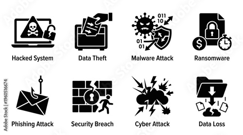 Cybersecurity Threats Vector Silhouette Icon Set Featuring Hacked System, Data Theft, Malware Attack, Ransomware, Phishing, Security Breach, Cyber Attack, and Data Loss for Digital Security and Design