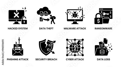 Cybersecurity Threats Vector Silhouette Icon Set Featuring Hacked System, Data Theft, Malware Attack, Ransomware, Phishing, Security Breach, Cyber Attack, and Data Loss for Digital Security and Design
