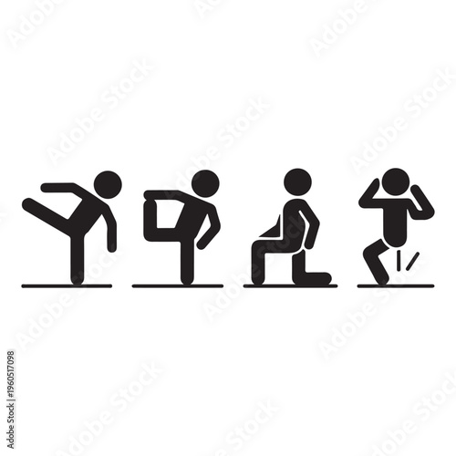 Minimal Stick Figure Exercise Set – Dynamic Leg Movements and Active Poses