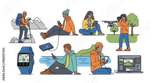 Diverse People Using Technology in Outdoor & Creative Settings