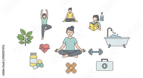 Holistic Health and Wellness: Yoga, Meditation, Healthy Lifestyle Icons