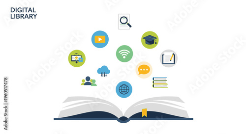 Digital Library Concept: Open Book with Floating Icons Representing Online Learning and Information Access