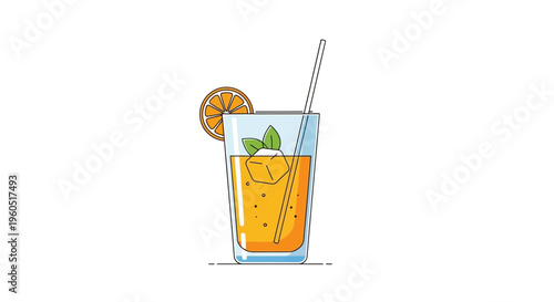 Refreshing Orange Juice with Ice, Mint, and Orange Slice in Tall Glass, Vector Illustration