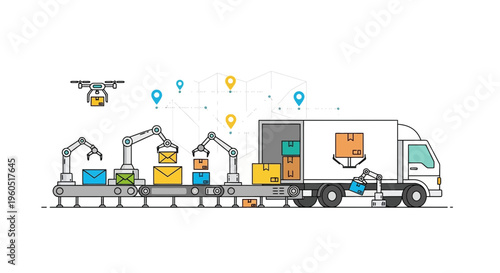 Automated Logistics: Robotic arms, drone, delivery truck, and conveyor belt with packages.