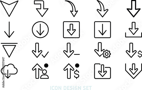 Icon set of outline download and downward arrow symbols. Featuring linear cloud download, folder save, and currency pointers. Minimalist thin line transfer icons vector design.