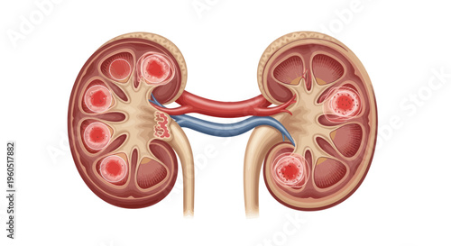 Anatomical illustration of human kidneys with blood vessels and ureters