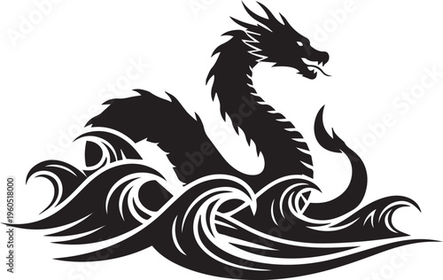 Photos Sea Dragon Silhouette Icon: Mythical Water Serpent and Ocean Wave Vector