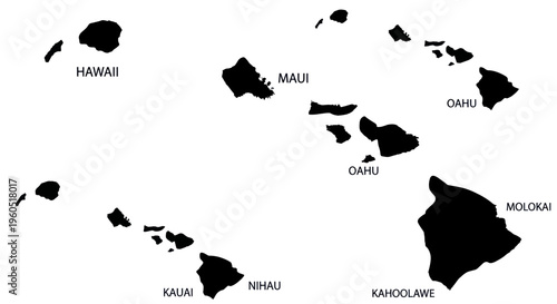 Map of Hawaiian Islands Silhouette with Names