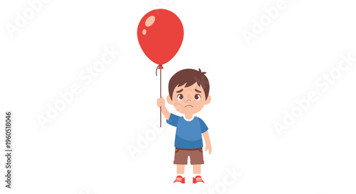 Sad Boy Holding Red Balloon, Loneliness, Childhood Sadness, White Background