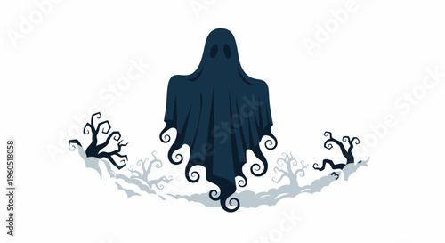 Spooky Ghost Illustration with Twisted Trees for Halloween